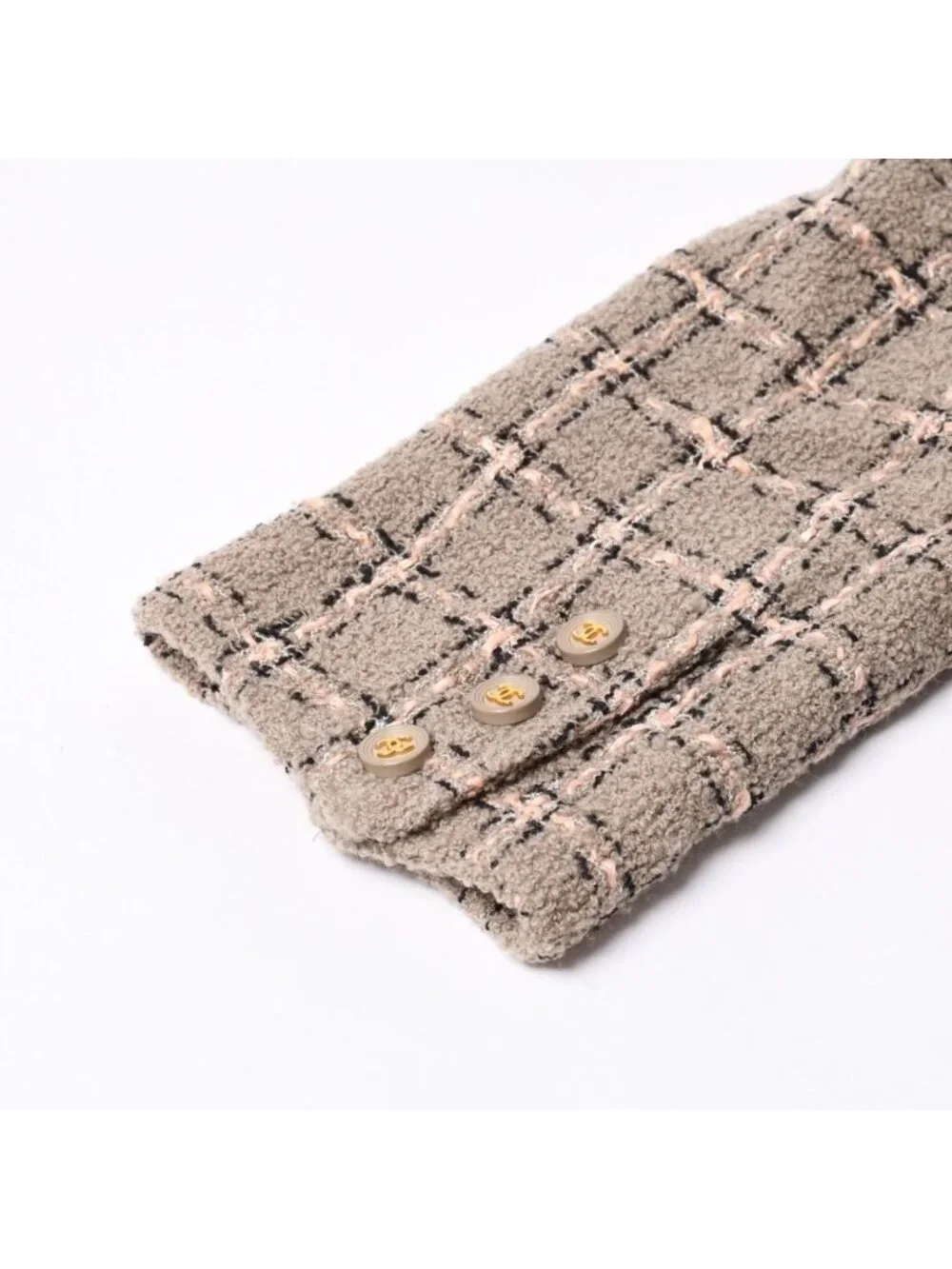 Chanel Tweed Tailored Jacket CC Logo Wool Khaki Pink Black